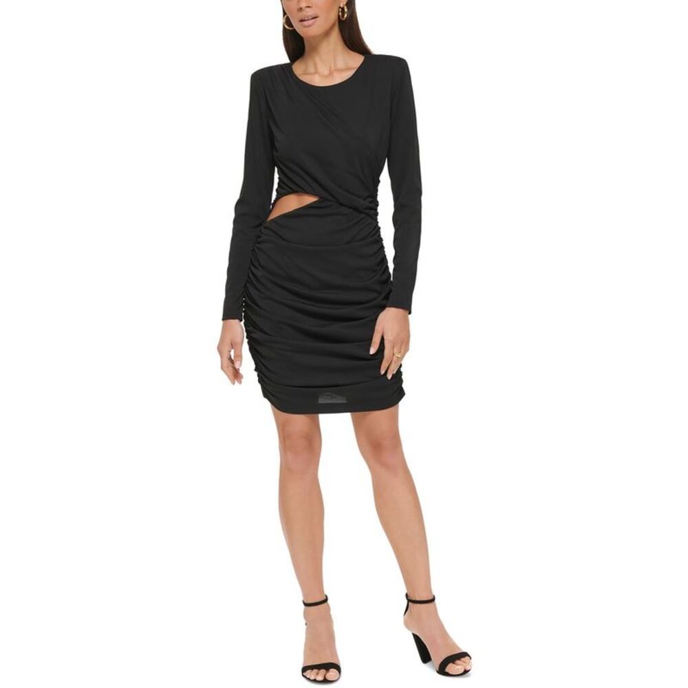 Guess Black Long-Sleeve Ruched Cutout Bodycon Dress
